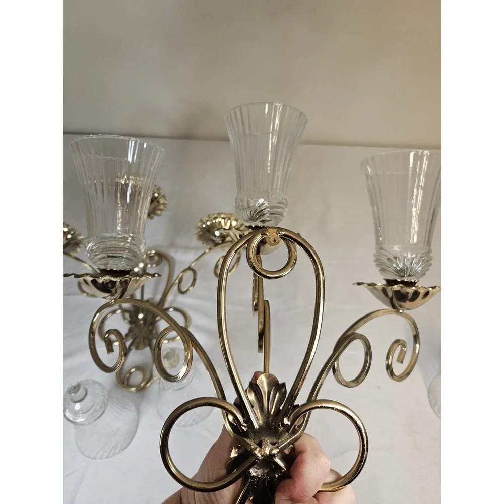 Vintage Brass Candles Holder Triple Arm Wall Hanging Candle Holder Set Of 2